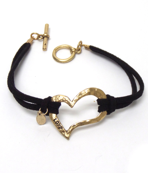 Handmade hammered heart and leatherette band toggle bracelet