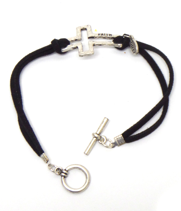 Handmade hammered cross and leatherette band toggle bracelet