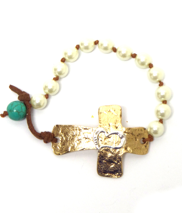 Handmade hammered heart center cross and turquoise band bracelet