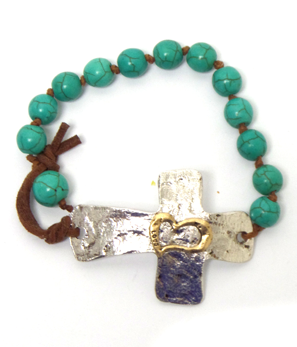Handmade hammered heart center cross and turquoise band bracelet
