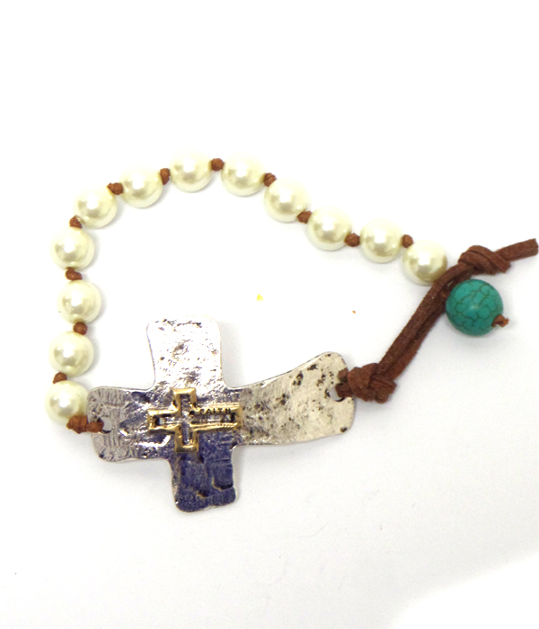 Handmade hammered cross and turquoise band bracelet