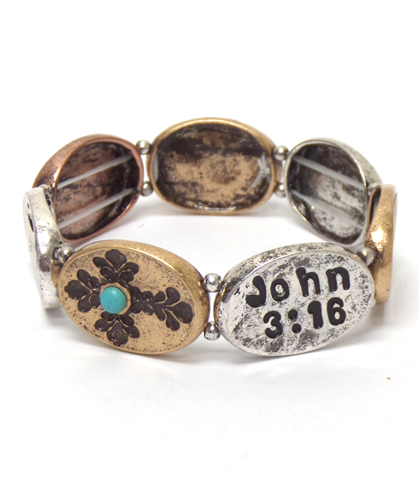 Handmade metal religious message stretch bracelet - john 3:16