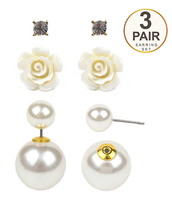 PEARL AND FLOWER FRONT AND BACK DOUBLE SIDED 3 PAIR EARRING SET