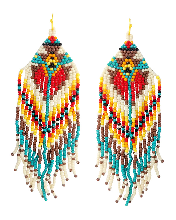 HANDMADE MULTI SEEDBEAD TASSEL DROP AZTEC PATTERN EARRING