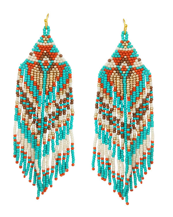 Handmade multi seedbead tassel drop aztec pattern earring
