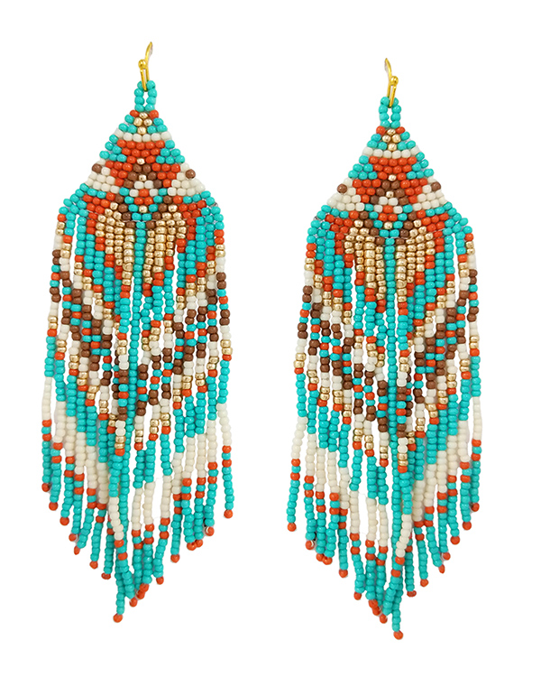 HANDMADE MULTI SEEDBEAD TASSEL DROP AZTEC PATTERN EARRING