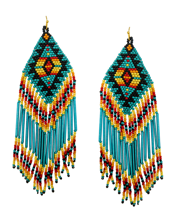 HANDMADE MULTI SEEDBEAD TASSEL DROP AZTEC PATTERN EARRING