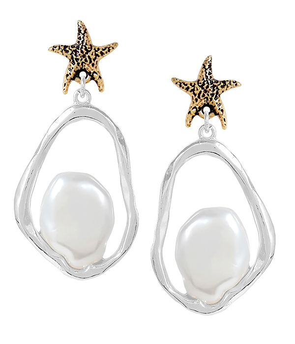 SEALIFE THEME PEARL HOOP DROP EARRING - STARFISH