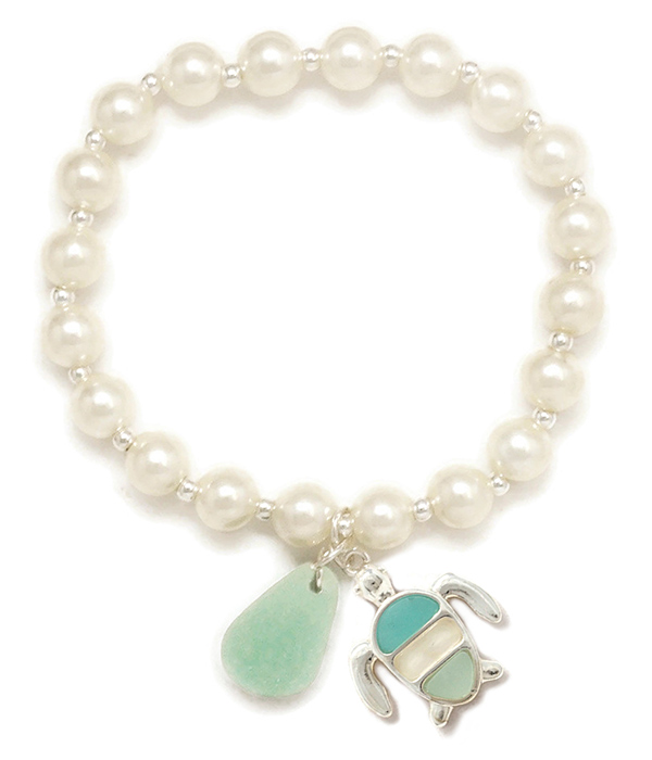 SEALIFE THEME PEARL STRETCH BRACELET - TURTLE