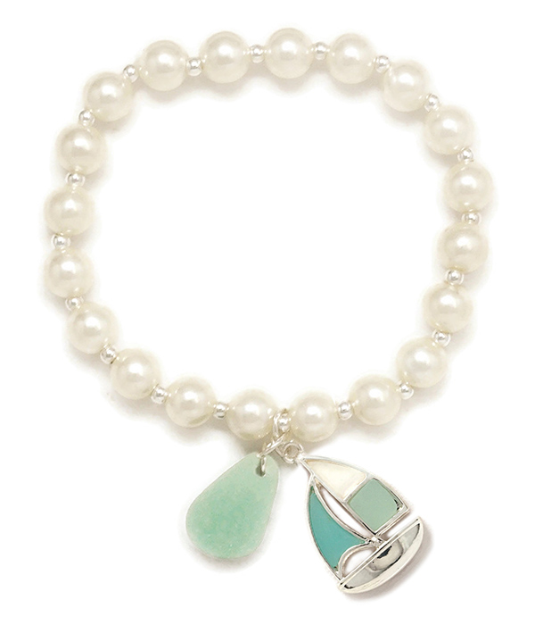 SEALIFE THEME PEARL STRETCH BRACELET - BOAT