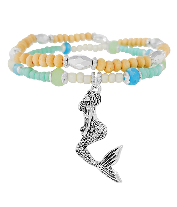 SEALIFE THEME CHARM MULTI SEEDBEAD DOUBLE LAYER STRETCH BRACELET - MERMAID