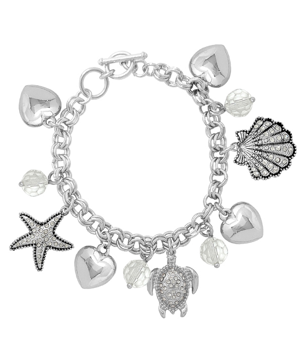 SEALIFE THEME MULIT CHARM TOGGLE BRACELET - STARFISH TURTLE SHELL