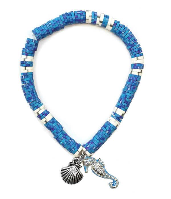 Sealife theme chip bead stretch bracelet - sea horse
