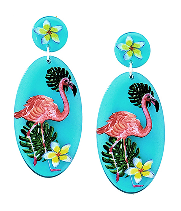 TROPICAL BIRD THEME PRINT OVAL EARRING - FLAMINGO