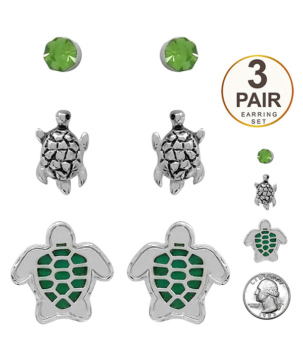 Sealife theme 3 pair earring set - turtle