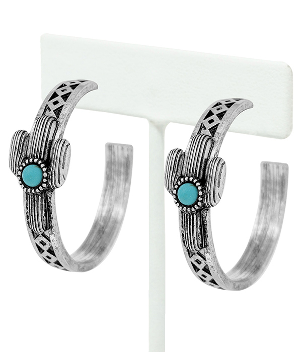 WESTERN THEME TURQUOISE CENTER HOOP EARRING - CACTUS