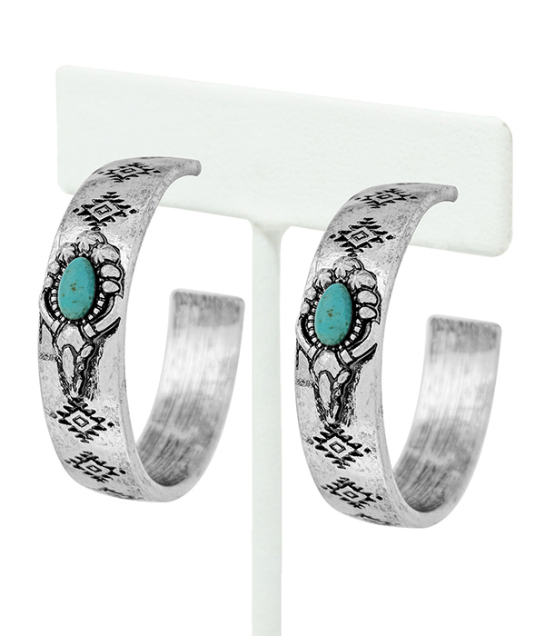 WESTERN THEME TURQUOISE CENTER HOOP EARRING - LONG HORN