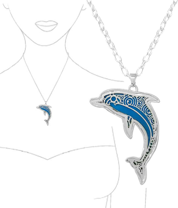 SEALIFE THEME METAL FILIGREE PENDANT NECKLACE - DOLPHIN