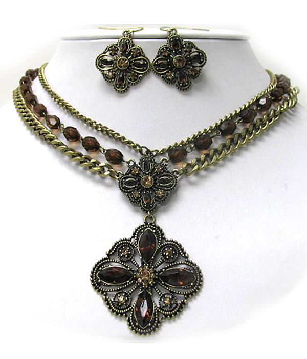 Crystal stud flower pendant multi row chain neckalce earring set