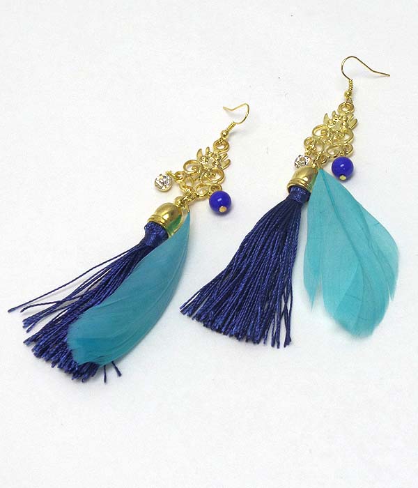 Feather and tassel drop metal filigree top earring