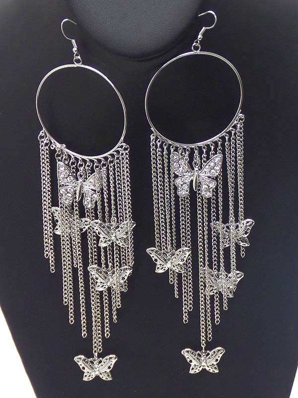Crystal butterfly and chain tassel drop super long earring