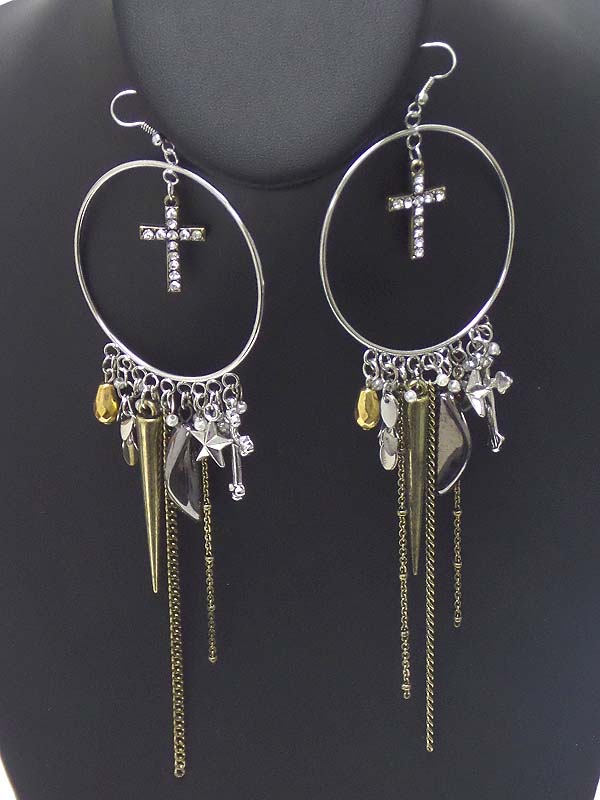 Crystal cross spike and multi chain drop hoop earring