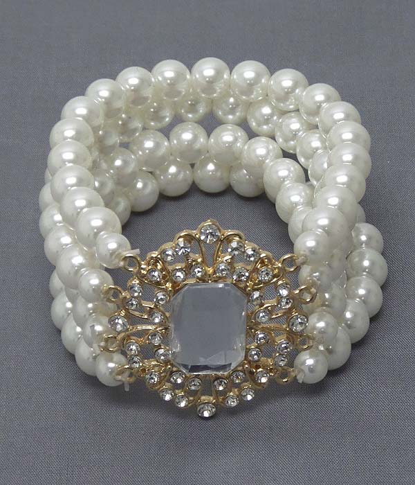 Crystal on metal filigree and stretch pearl band bracelet