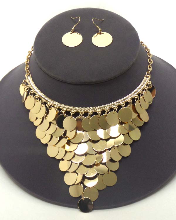 Multi metal disk link drop statement necklace earring set