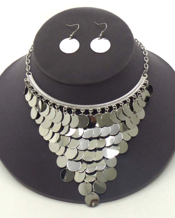 Multi metal disk link drop statement necklace earring set