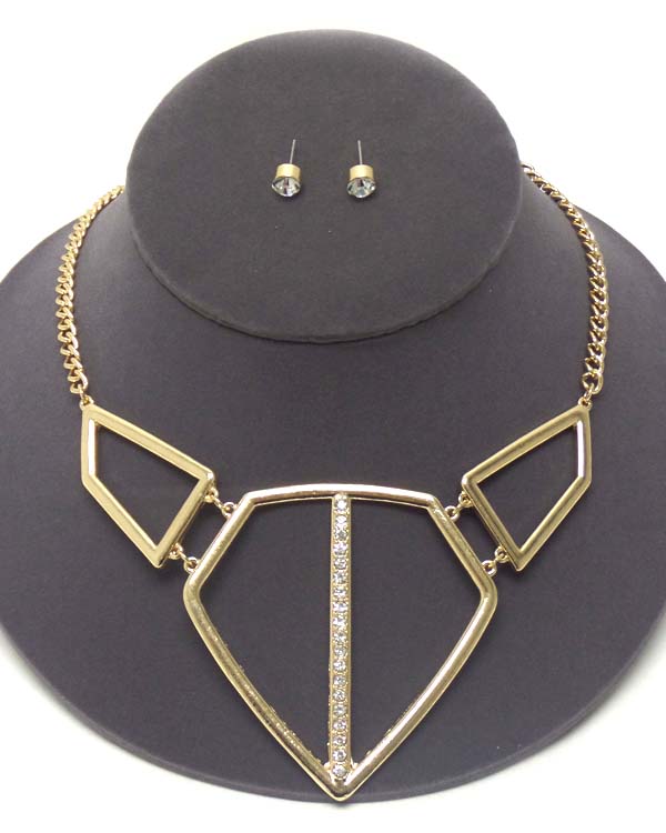 Crystal center metal diamond shape pendant necklace earring set
