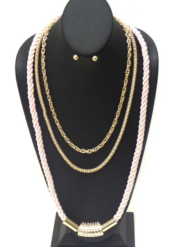 CRYSTAL STUD TUBE AND 3 LAYER SNAKE AND ROPE CHAIN MIX NECKLACE EARRING SET