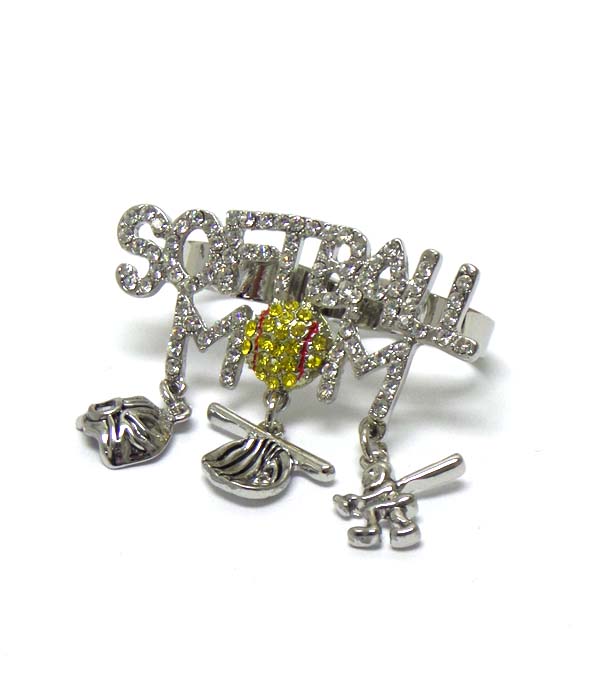 Crystal softball mom dual finger adjustable ring