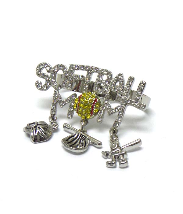 CRYSTAL SOFTBALL MOM DUAL FINGER ADJUSTABLE RING