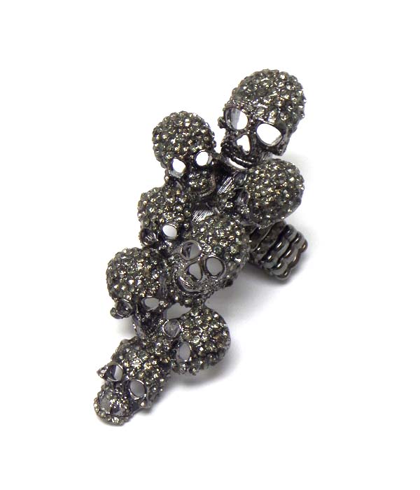 Crystal multi skull long stretch ring