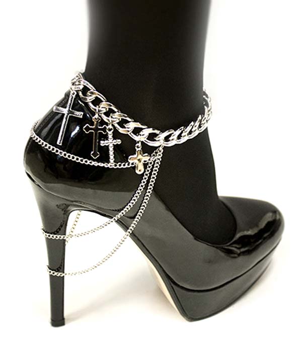 Thick chain anklet and multi cross charm back shoe chain