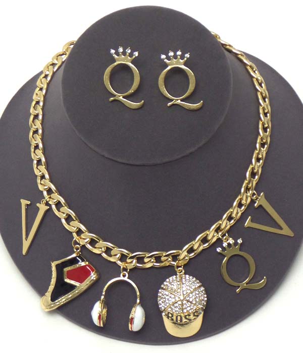 Crystal and epoxy multi youngster theme charm thick chain necklace earring set