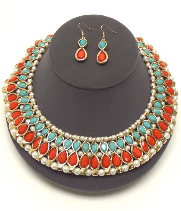 Luxury line multi pearl and teardrop stone mix necklace earring set