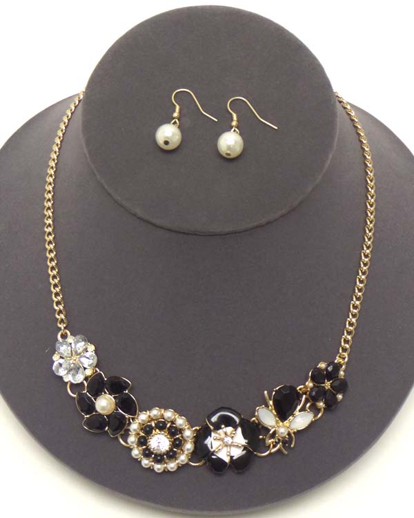 Crystal and pearl flower and bee link necklace earring set