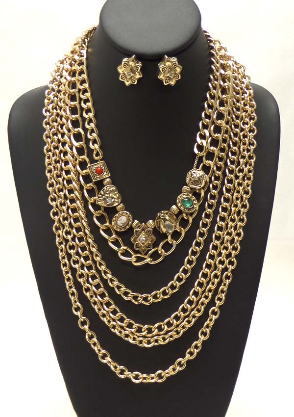 Metal casting multi shape accent and thick chain necklace earring set