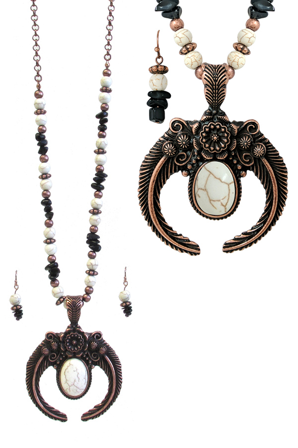 WESTERN THEME SEMI PRECIOUS STONE MIX NECKLACE SET - SQUASH BLOSSOM