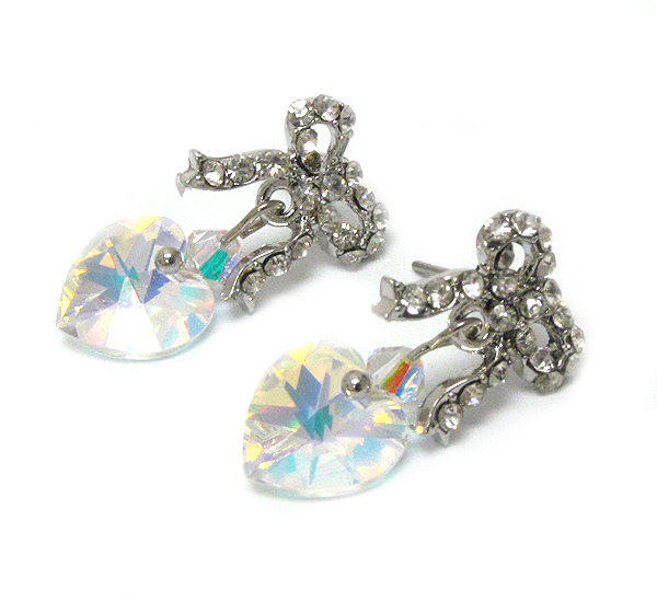 Swarovski crytal heart and ribbon drop earring - made in usa -valentine