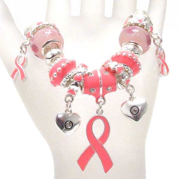 Epoxy pink ribbon and multi murano and crystal deco ring link pandora style bracelet - breast cancer awareness