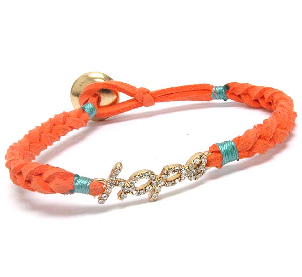 CRYSTAL HOPE AND WOVEN LEATHERETTE BAND BRACELET