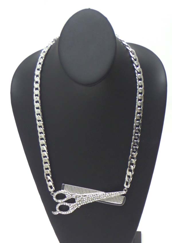 Beauty shop theme crystal scissor and hair comb pendant necklace