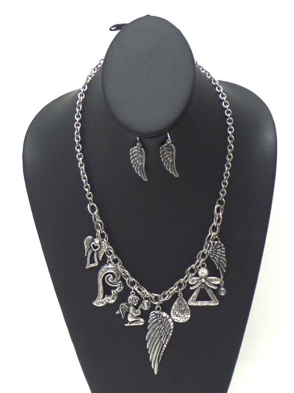 Crystal deco multi angel theme charm drop necklace earring set