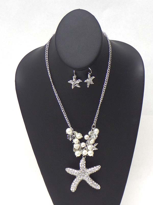 Crystal starfish and multi pearl necklace earring set