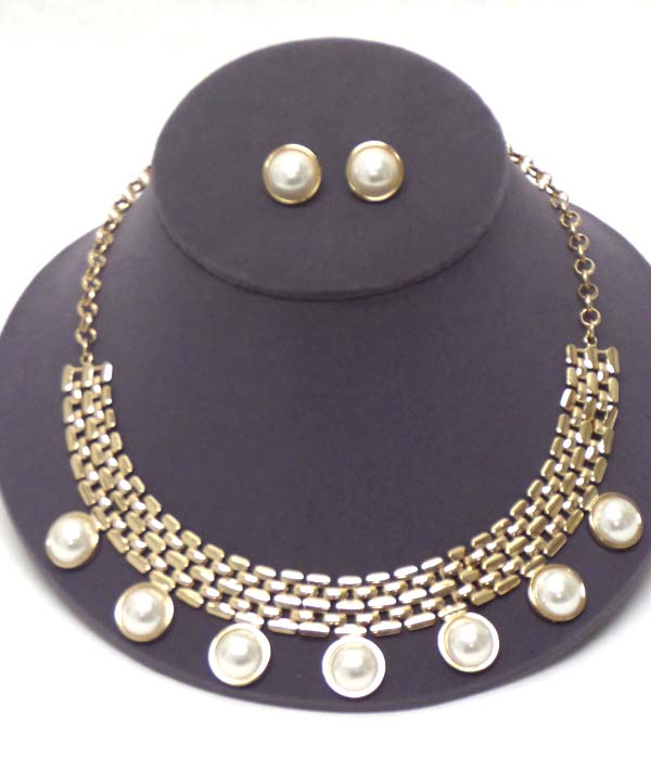 Watch band chain and multi pearl drop necklace earring set