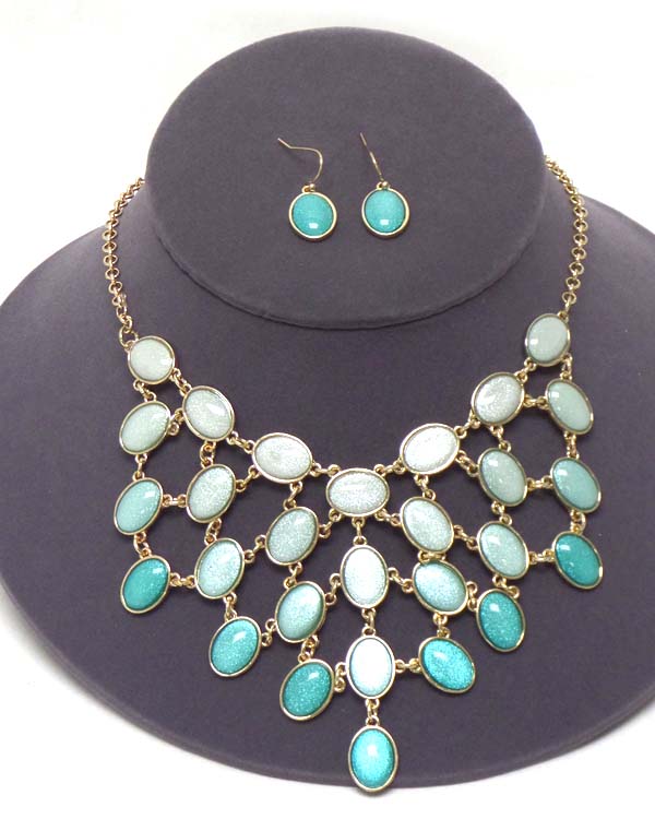 Multi pearl finish oval puffy stone link statement necklace earring set