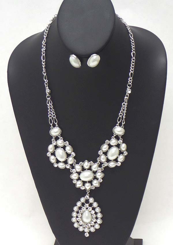 Crystal and multi size pearl on oval flowers drop party necklace earring set