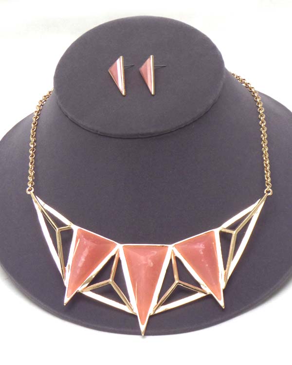 TRIPLE TRIANGULAR STONE AND METAL ART NECKLACE EARRING SET